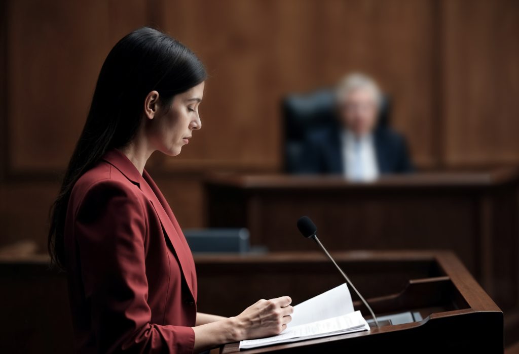 lawyer giving speech courtroom